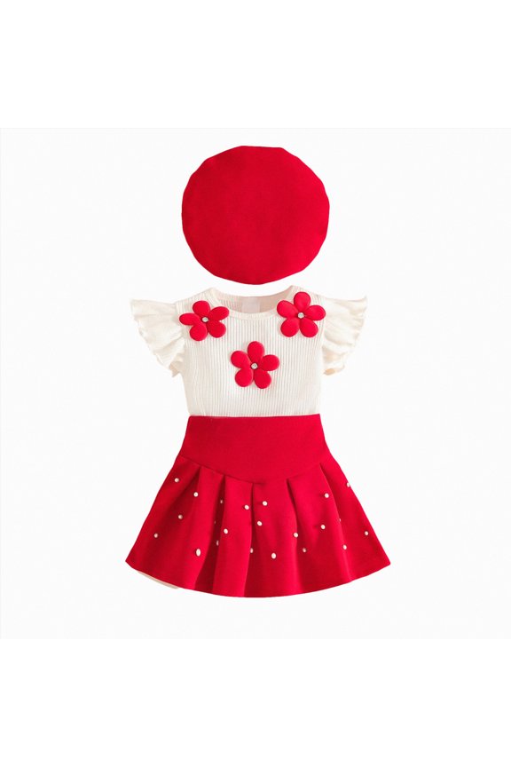 Outfits for Toddler Girls Toddler Girl Outfits Fall Spring Dress Clothes Knit Ribbed Flower Sweatshirt Tops+Bow Fashion Skirts+Beret 3Pcs Set,Red,18-24 Months