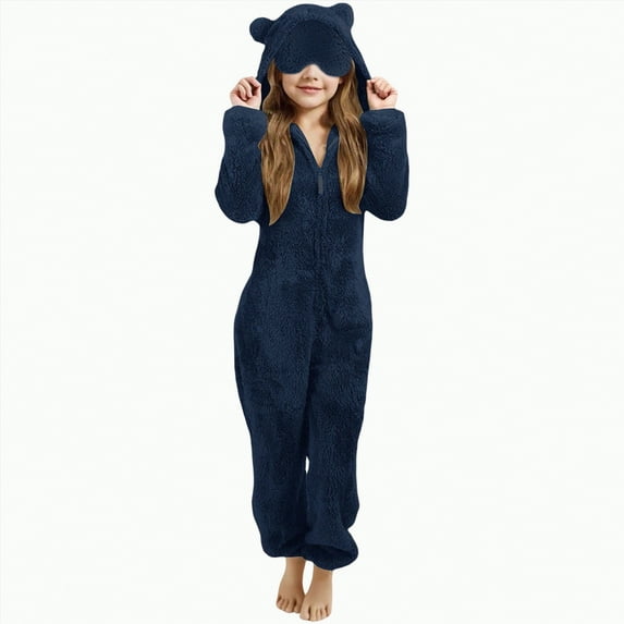 enyan Pajama Onesie for Girls Fleece Jumpsuits Fuzzy Bear Hooded Kids Zip up One Piece Soft Fluffy Warm Rompers Cute Winter Preppy Clothes (Navy,6-7 Years)