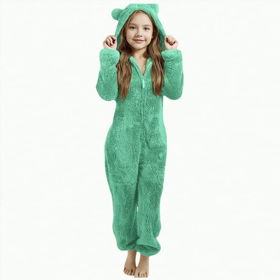 enyan Pajama Onesie for Girls Fleece Jumpsuit Girls Warm Sherpa Lined Romper One Piece Zipper Hooded Cute Playsuit (Light Green,8-9 Years)
