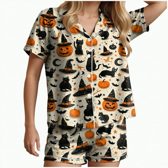 enyan Pajama Sets Print Buttoned Drawstring Waist Lounge Set Matching Pajamas For Couples Halloween Beige,M