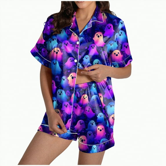 enyan Pajamas For Women Set Satin Pajamas Set Button Down 2 Piece Silk Shorts Set Ruffle Notch Collar Sleepwear Dark Purple,L