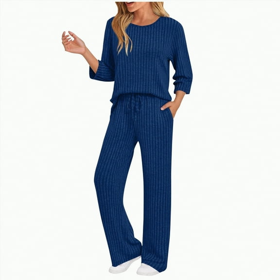 enyan Petite Lounge Sets for Women Ladies' Outfit Women 2 Piece Outfits Sweatsuit Sweatshirt Jogger Sweatpants Tracksuit Lounge Set Clothes Blue,L