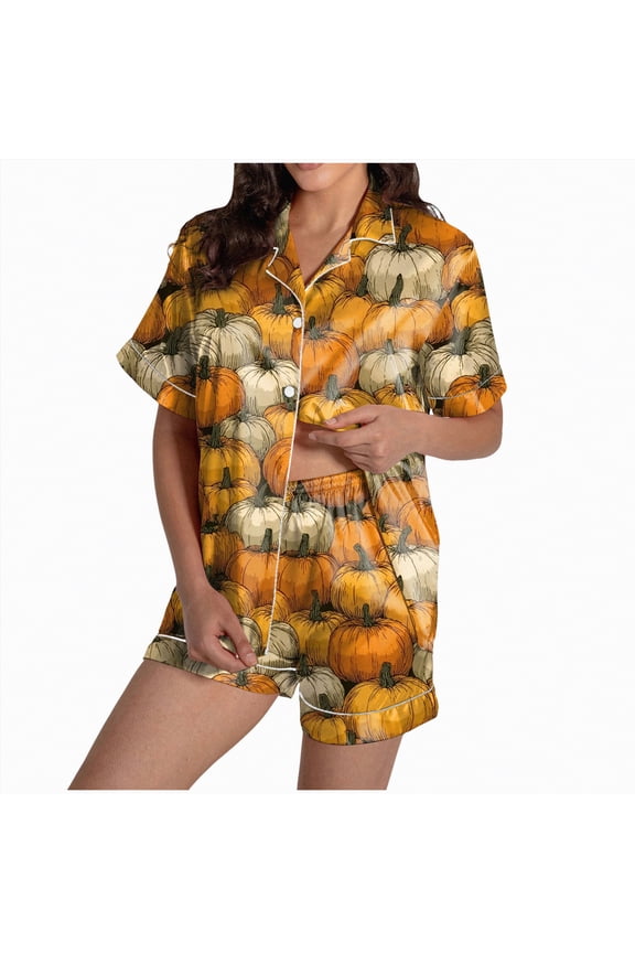 Pijamas De Halloween Para Mujer Satin Silky Pajama Set Short Sleeve Shirt Set Soft PJ Loungewear Yellow,S