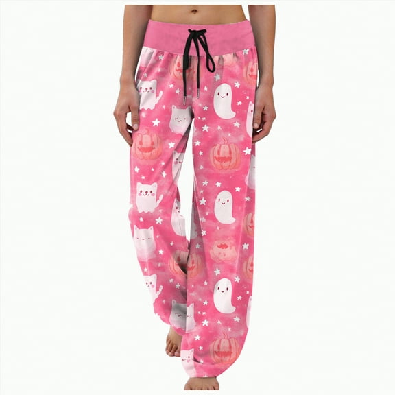 enyan Pj Pants Christmas Womens Pajama Pants Casual Comfy Sleepwear Wide Leg Drawstring Bottoms with Pockets Pink,L