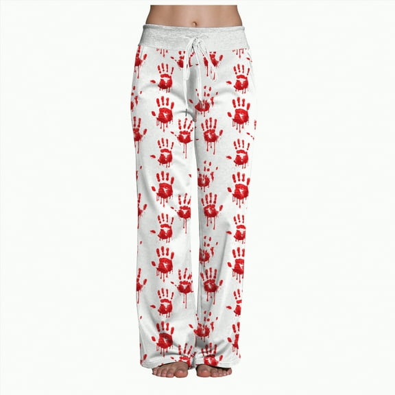 enyan Pj Pants Halloween Pants for Women Halloween Pumpkins Candy Cat Comfy Womens Wide Leg Baggy Pants Watermelon Red,L