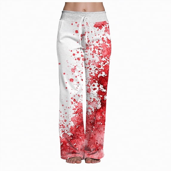 enyan Pj Pants Women Halloween Pajama Pants Pumpkin Ghost Print Wide Leg Lounge Pants Casual Loose Drawstring Yoga Sweatpants White,2XL