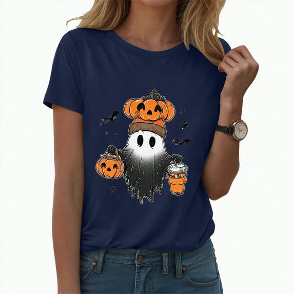 enyan Printing Crew Neck Shirt Funny Family Party Celebration Short Sleeve Tee Cute Ghost Pumpkin Graphic Graphic Tops Cute Halloween Shirts for Women Navy,S