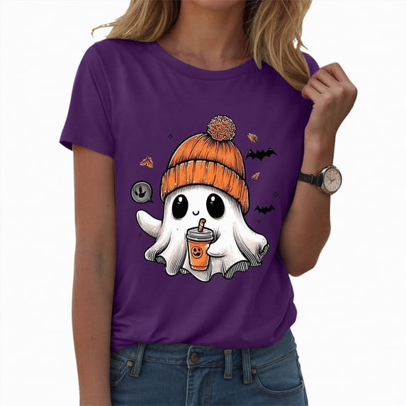 enyan Pumpkin Printed Cute T Shirts Orange Graphic Tops Fall Tee Fashion Cute Halloween Outfits for Women Purple,XL