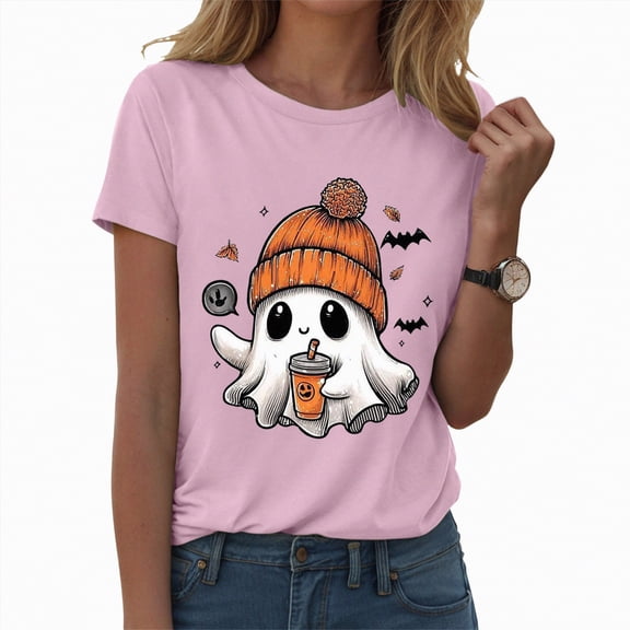 enyan Pumpkin Printed Cute T Shirts Orange Graphic Tops Fall Tee Fashion Halloween Shirt Women Pink,L