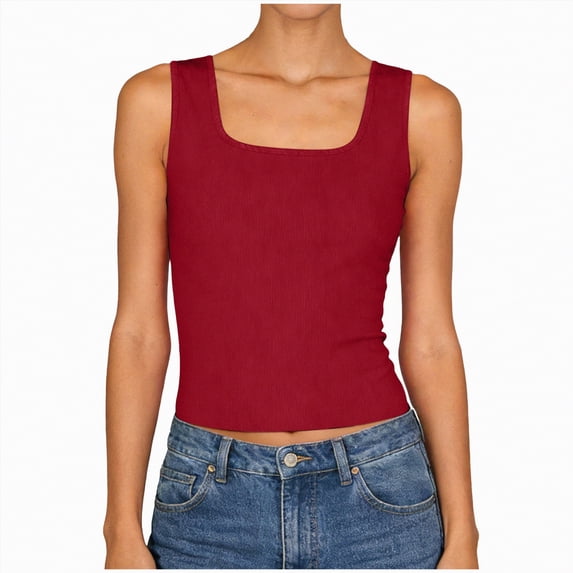 enyan Racerback Tank Tops for Women Womens Tank Tops with Built in Bras Summer Square Neck Sleeveless Shirts Ribbed Fitted Basic Casual Tops,Red,XL