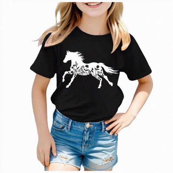 enyan Shirts for Girls Love Horses Print Shirt Youth Horseback Riding Casual Animal Graphic Tees 8-15 Year Old Black,7-8 Years