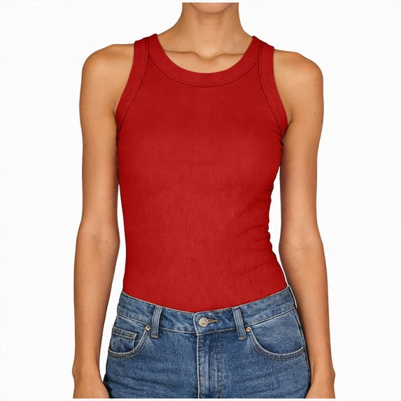 enyan Spaghetti Strap Tank Top Womens Ladies Ribbed Thick Strap Racerback Tight Slim Fitted Sporty Workout Tank Tops,Red,XXL