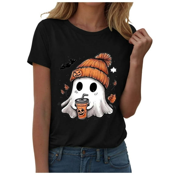 enyan Spooky Season Shirt Happy Halloween Ghost Tshirt Women Halloween Floral Shirt Cute Autumn Pumpkin Graphic Tees Flower Outfits Tops Black,XL