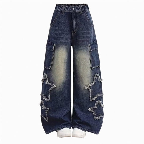 enyan Star Jeans for Girls Baggy Cute Patchwork Denim Pants Y2k High Waisted Jeans Grunge Aesthetic Clothes(Blue,13-14 Years)