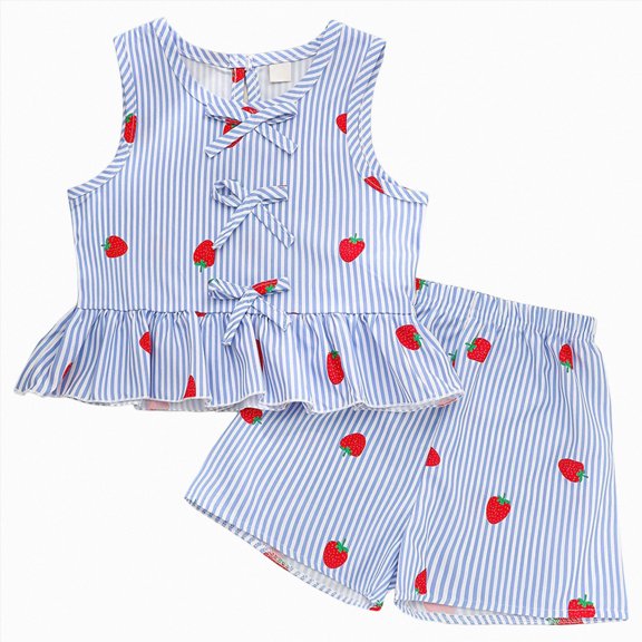 enyan Summer Baby Girl Clothes Short Sleeve Tops Elastic Shorts Cute Toddler Girls Outfits Infant Outfit,Toddler Outfits for Girls(Blue,5-6 Years)