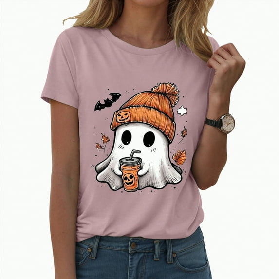 enyan Tee Pumpkin Graphic Cute Ghost Tops Tee Fall Short Sleeve Tops Oversized Tshirts Teen Aesthetic Clothing Funny Halloween Women Shirts Light Pink,M