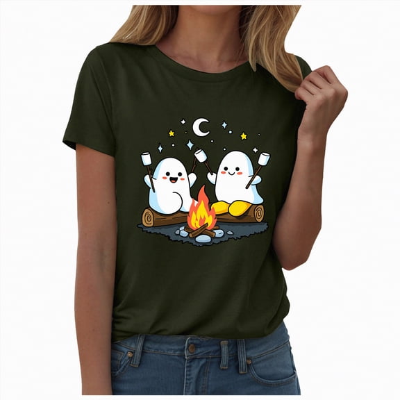 enyan Tee Pumpkin Graphic Cute Ghost Tops Tee Fall Short Sleeve Tops Oversized Tshirts Teen Aesthetic Clothing Halloween Women Shirts Dark Green,M