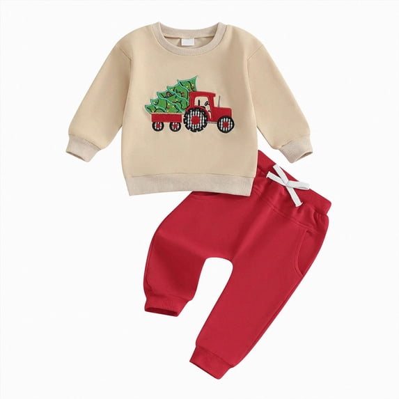 enyan Toddler Baby Boy Christmas Outfit Newborn Long Sleeve Letter Embroidery Sweatshirt Top Pants Set Fall Clothes Khaki,6-12 Months