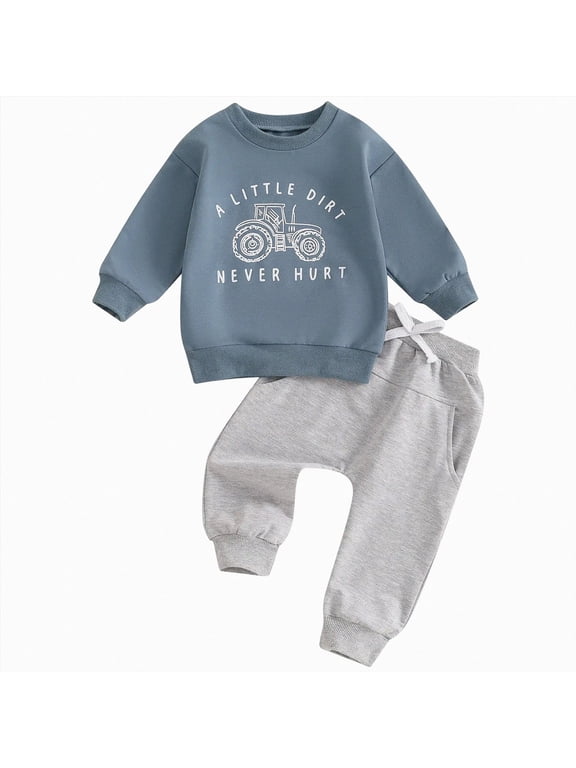 Toddler Baby Boy Clothes Crewneck Sweatshirt Long Sleeve Shirt with Pants Cute Fall Winter Outfits Blue,12-18 Months