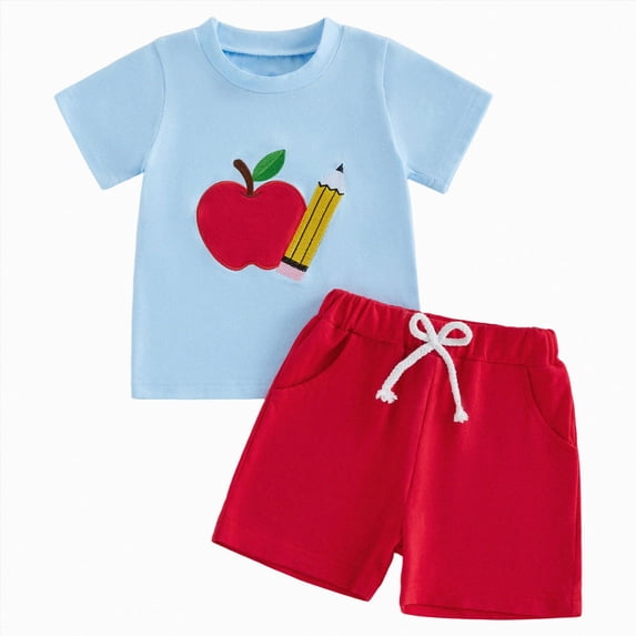 enyan Toddler Baby Boy Outfit Embroidery T Shirt and Shorts Set First Day of Preschool Kindergarten Back to School Clothes Blue,4-5 Years