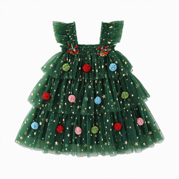 enyan Toddler Baby Girl Christmas Dress Star Sequin Layered Tutu Tulle Dress Girls Cake Smash Xmas Tree Dresses Green,4-5 Years