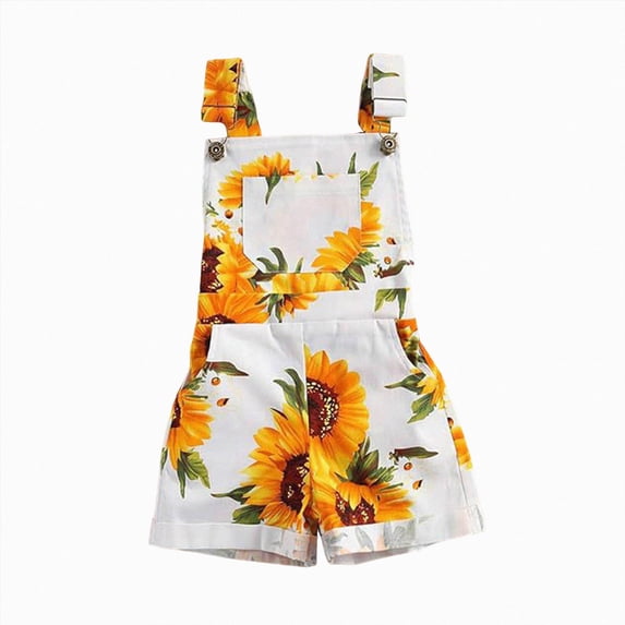 enyan Toddler Baby Girl Cute Summer Sunflower Print Overalls Shorts with Pocket Suspender Trousers Clothing Outfit(White,4-5 Years)