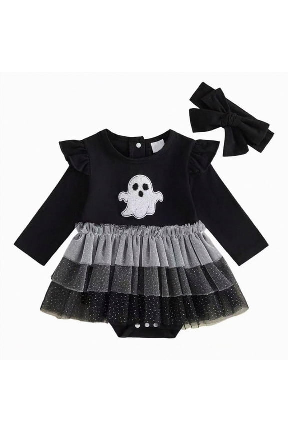 Toddler Baby Girl Halloween Outfit Newborn Pumpkin/Ghost Embroidered Romper Lace Tutu Dresses Sister Matching Outfits Black,12-18 Months