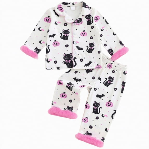 enyan Toddler Baby Girl Halloween Pajamas Fuzzy Trim Long Sleeve Button Down Pumpkin Shirt Top and Pants 2pcs Pjs Sets Sleepwear (White,5-6 Years)