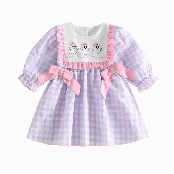 enyan Toddler Baby Girls Halloween Outfit Pumpkin Smocked Puff Sleeve A-Line Plaid Dresses Girls Fall Clothes Red,4-5 Years