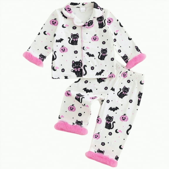 enyan Toddler Baby Girls Halloween Pajamas Fuzzy Trim Long Sleeve Button Down Pumpkin Shirt Top and Pants 2pcs Pjs Sets Sleepwear (White,3-4 Years)