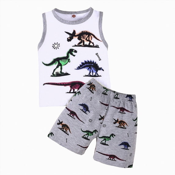 enyan Toddler Boy Shorts Set - 2 Piece Short Sleeve Graphic Tees and Stretch Shorts for Boys - Toddler Summer Clothes,White,5-6 Years