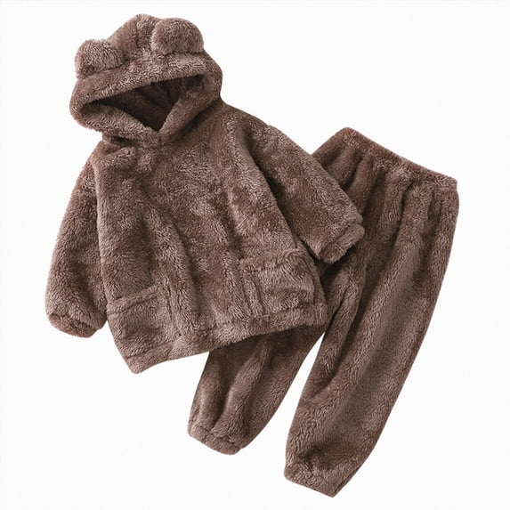 enyan Toddler Boys Girls Outfit Little Kid Bear Ear Fuzzy Fluffy Hoodie Sweatshirt with Fleece Sweatpants 2 Piece Set Brown,4-5 Years