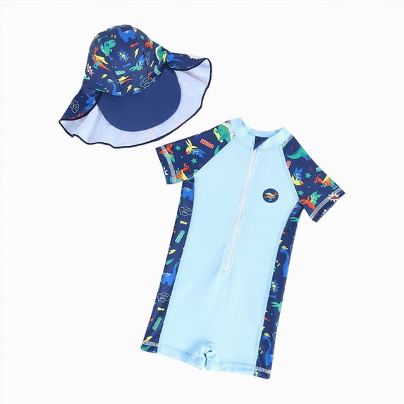 enyan Toddler Boys Rash Guard Swimsuit Sea World Animal Print Zipper Short Sleeve Bathing Suit with Swim Cap for Kids,Light Blue,6-12 Months