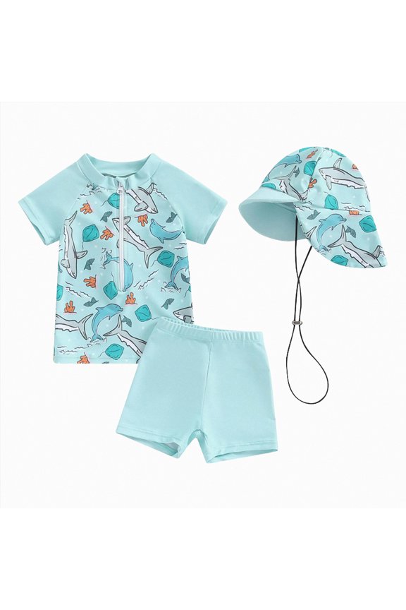 Toddler Boys Swim Set Toddlers and Baby Boys' 3-Piece Rashguard Sets Swimsuits Sets with Hat Surfing Swimwear Sunsuit,18-24 Months,Light Blue