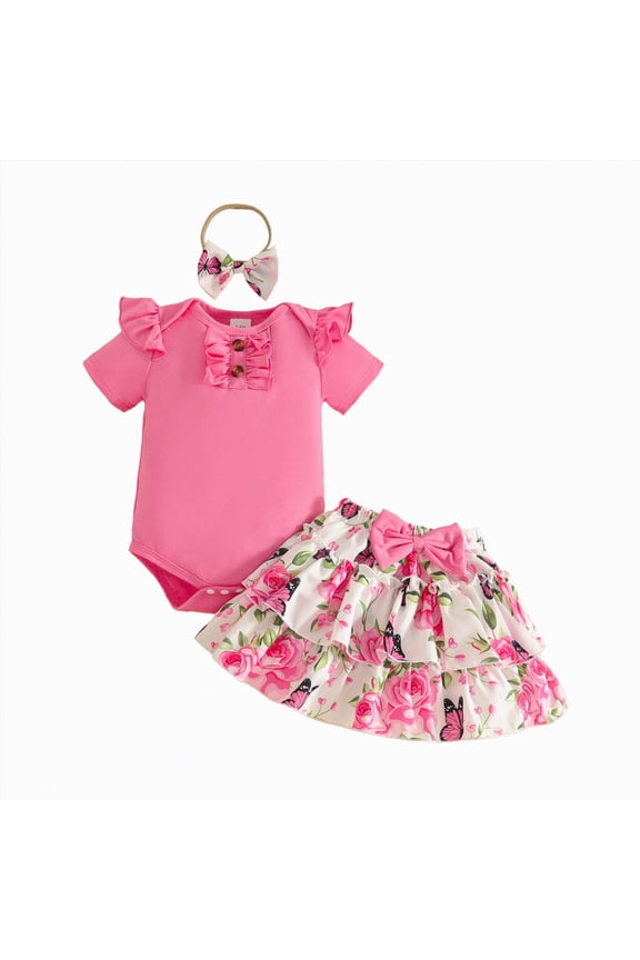 Toddler Clothes for Girls Baby Girl Summer Clothes Newborn Outfit Ruffle Romper Infant Baby Dress with Bow Headband Solid Cute Baby Outfits Girl,Hot Pink,6-9 Months