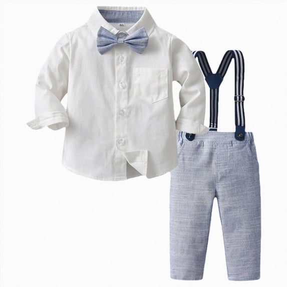enyan Toddler Dress Clothes Baby Boys Gentleman Outfits White Bowtie Shirts Suspender Pants Sets Blue,12-18 Months
