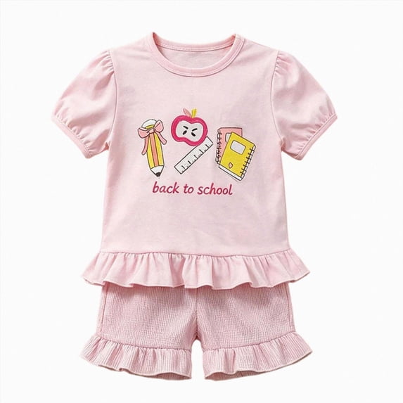 enyan Toddler Girl Back to School Outfit Apple Ruffle Short Sleeve T-Shirt Top Shorts Set Preschool Clothes Summer Pink,12-18 Months