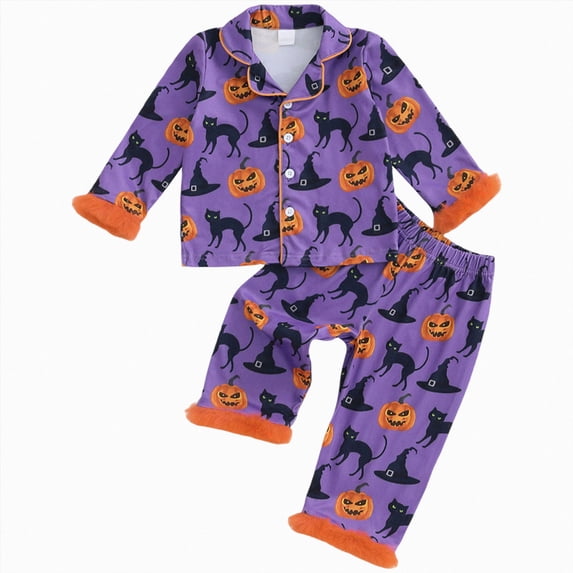 enyan Toddler Girl Halloween Pajamas Size 1-6T Long Sleeve Button Down Shirt Pants Pumpkin Print Pjs Sleepwear Birthday Girl Outfit(Purple,5-6 Years)
