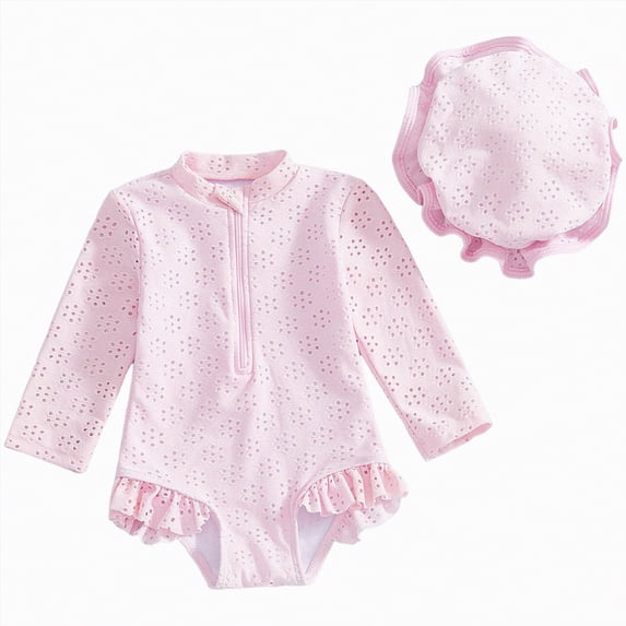 enyan Toddler Girl Solid Swimsuit Baby Long Sleeve Rash Guard Bathing Suit Girl One Piece Hollow Out Swimwear with Sun Hat,Pink,2-3 Years