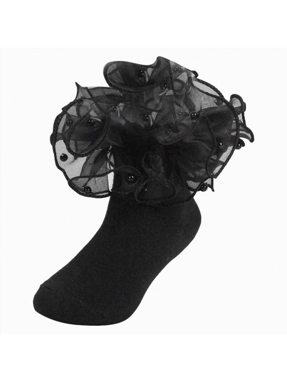 Toddler Girls Socks Cotton Tutu Lace Cute Ruffle Sock for Kids Infant Girls(Black,6-8 Years)