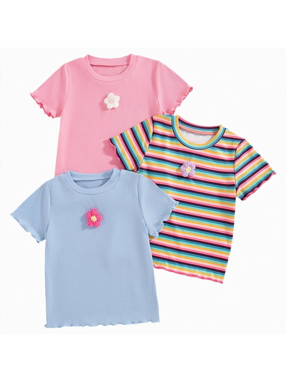 Toddler Girls T-Shirts solid color Short Sleeve Shirt for Girls 2t 3t 4t 5t 6t 7t Cotton Tees Kids Tshirts Clothes Summer Tops,Blue,4-5 Years
