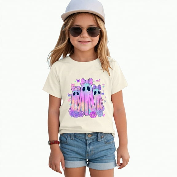 enyan Toddler Halloween Shirts Ghost Pumpkin Tshirts Kids Boys Girls Fall Spooky Season Short Sleeve Tee Tops (Beige,12-13 Years)