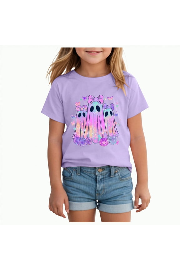 Toddler Halloween Shirts Ghost Pumpkin Tshirts Kids Boys Girls Fall Spooky Season Short Sleeve Tee Tops (Purple,6-7 Years)