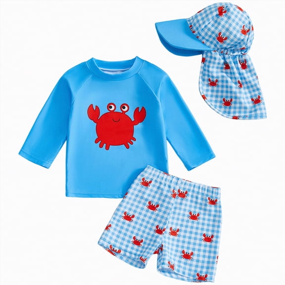 enyan Toddler Swim Set Boys 2 Pieces Rash Guard Sun Protection Long Sleeve Kid Swimsuits Quick Dry Swim Shirt Trunks for Boys With Hat,Sky Blue,6-12 Months