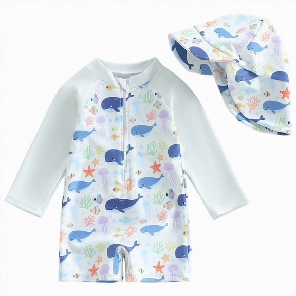 enyan Toddler Swimsuit Boy Boys Rash Guard Swim Set with Swim Trunks Bathing Suit Long Sleeve Swim Shirt Quick Dry Swimsuit Kids Swimwear With Hat,White,2-3 Years