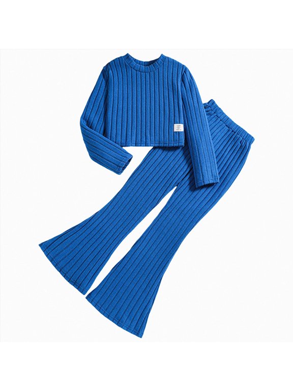 Tween Girl Fall Winter Clothes Sweater for Kid Teen Girls Long Sleeve Striped Top+Long Bell Down Pant 2Pcs Outfit Set Blue,10-11 Years
