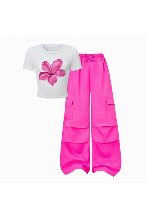 Tween Girls Spring Fall Summer Clothes 2 Piece Outfit Set T-Shirt Top + Cargo Pants Teen Girl School Clothing Set Size 7-13Y Hot Pink,13-14 Years
