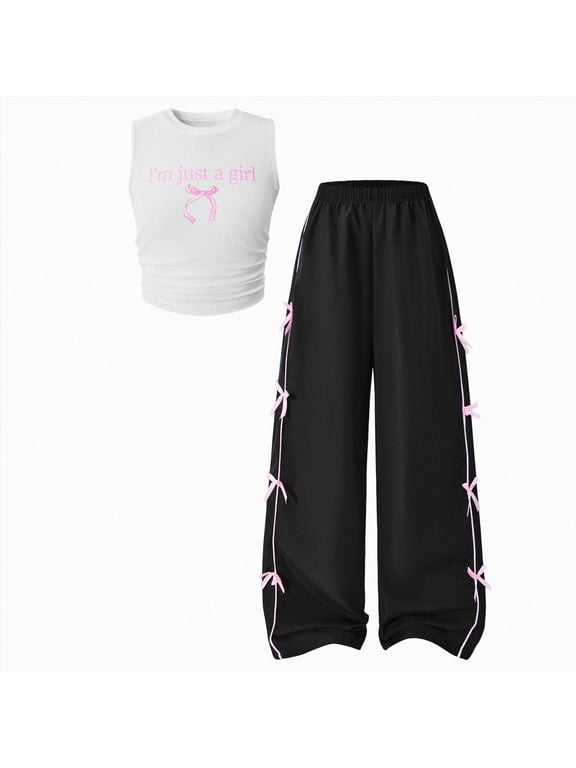 Tween Girls Spring Fall Summer Clothes 2 Piece Outfit Set T-Shirt Top + Cargo Pants Teen Girl School Clothing Set Size 8-13Y White,12-13 Years