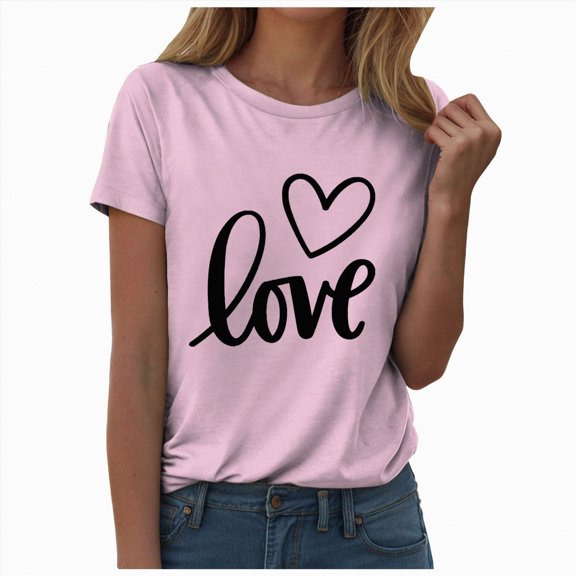enyan Valentine's Day T-Shirts Women Womens Short Sleeve T Shirts Summer Tops Basic Slim Fit Gym Workout Clothes,Pink,XL