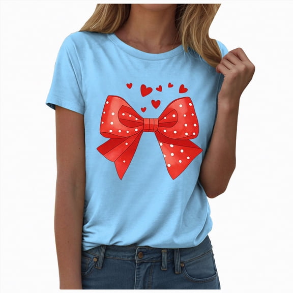 enyan Valentine's Day Women Tshirt T-Shirts for Women - Short Sleeve Basic Tees Soft Crew Neck Trendy Summer Tops for Casual Outfits 2026,Sky Blue,M